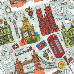 London winter landmarks seamless pattern.Colored Doodles