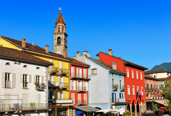 Church tower and facades of buildings in Ascona Ticino Switzerland