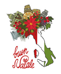 Italy christmas card.Hand drawn doodle map