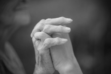 Hands of the old woman. Black and White.