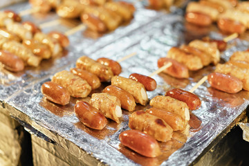 Exotic rolls with sausage at Myeongdong open street market Seoul