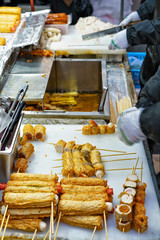 Food on skewers at Myeongdong open street market in Seoul