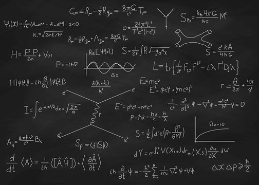 Science blackboard with math. Real physical equations of Einstein relativity theory, string theory and quantum mechanics. Used chalkboard with scratches and stains from chalk piece.