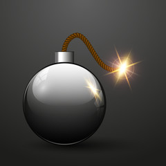 Realistic Vector bomb with burning fuseon dark background