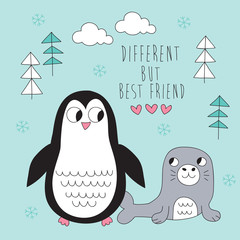 best friends penguin and seal vector illustration