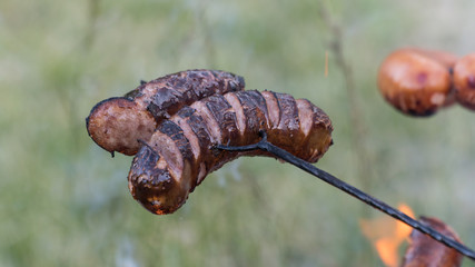 Sausages roasting on the fire