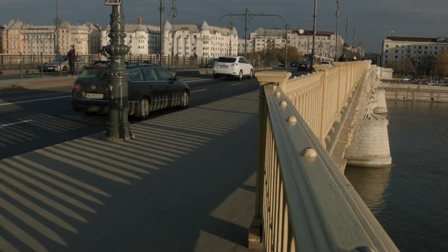Traffic Margit bridge, Hungary.Bakground is historic buildings