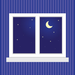 Night sky with stars and a month in the window. Window on a blue striped wall. Vector illustration.