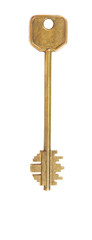 Old golden key on white.