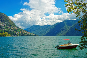 Motor Boat at embankment in Lugano in Ticino in Switzerland