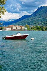 Fototapeta na wymiar Motor Boat at promenade in Lugano Ticino in Switzerland