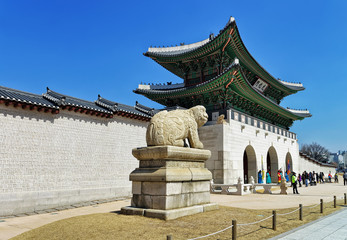Mythological lion Haechi statue at Gyeongbokgung Palace in Seoul