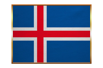 Obraz premium Flag of Iceland, golden frame, fabric texture