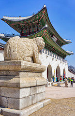 Mythological lion Haechi statue near Gyeongbokgung Palace in Seoul