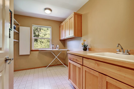 Laundry room interior with vanity cabinet