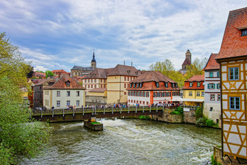 Old houses and Regnitz River in old city center Bamberg