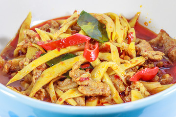 Fried bamboo shoot with pork and spicy ingredient ,thai food