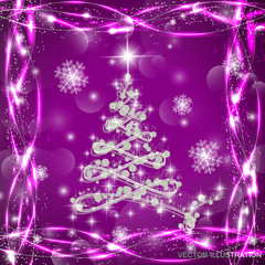 Fototapeta premium Christmas tree in lilac colours with lights and snowflakes. Beautiful image with Christmas tree and colorful garlands for the Christmas holiday and New Year. Vector illustration.