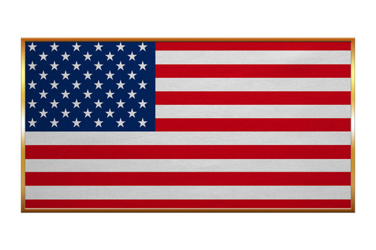 Flag of USA, golden frame, fabric texture