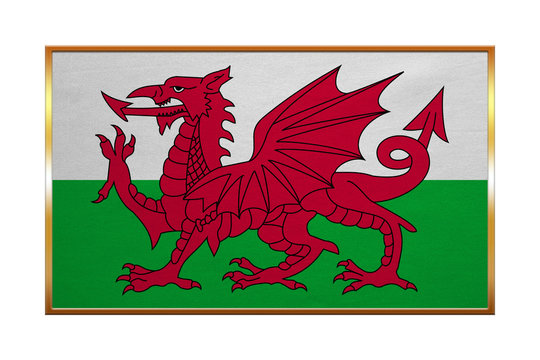 Flag of Wales, golden frame, fabric texture