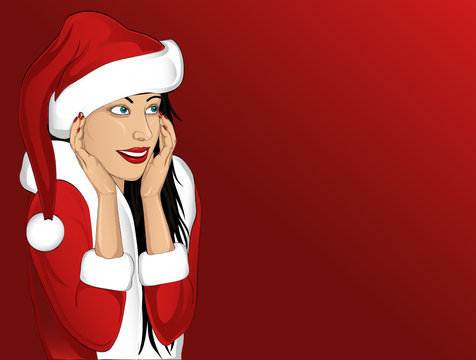 Happy woman in costume of Santa Claus looking up and dreaming. Vector 