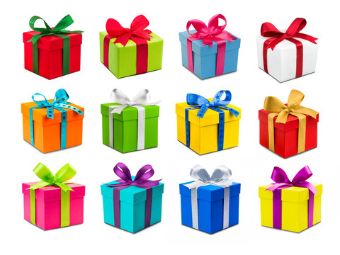 Bunte Geschenke als Collage vor wei&szlig;em Hintergrund