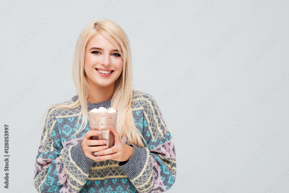 Sticker Pretty model in sweater with coffee