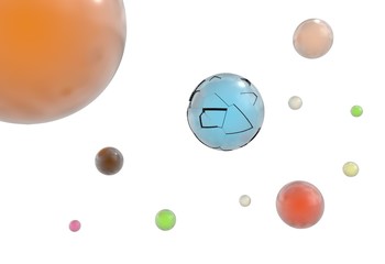 flying reflective colorful balls and one brocken ball isolated on white 3d illustration