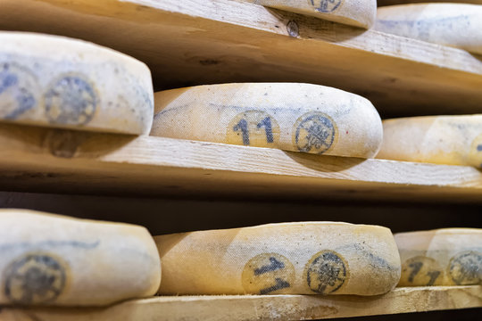 Stack of aging Cheese in maturing cellar in Franche Comte