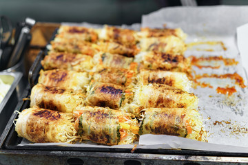 Vegetarian street food in Myeongdong open street market in Seoul