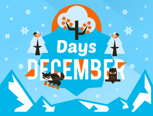 The December days. Designed for printing, postcards, calendars, notebooks, diary. The owl and the raccoon sitting on the letter, rowan, winter apples. Snowy mountains. Snowfall. Winter season.