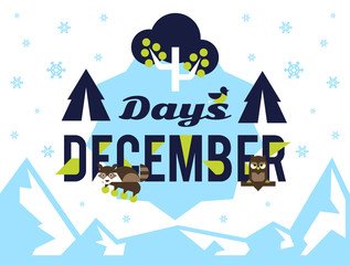 The December days. Designed for printing, postcards, calendars, notebooks, diary. The owl and the raccoon sitting on the letter, rowan, winter apples. Snowy mountains. Snowfall. Winter season.