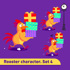 Vector illustrations set includes three running poses of rooster character with different emotions carying gift boxes in funny cartoon style