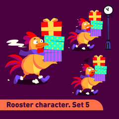 Vector illustrations set includes three running poses of rooster character with different emotions carying gift boxes dressed in christmas suit in funny cartoon style