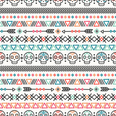 Day of the Dead. Tribal hand drawn line mexican ethnic seamless pattern. Border. Wrapping paper. Print. Doodles. Tiling. Handmade native vector illustration. Aztec background. Texture. Style skull. - 128057972