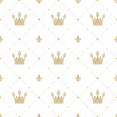 Seamless pattern in retro style with a gold crown on a white background. Can be used for wallpaper, pattern fills, web page background, surface textures. Vector Illustration.