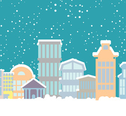 Winter Christmas City. Buildings in snow. Snowfall in town. New