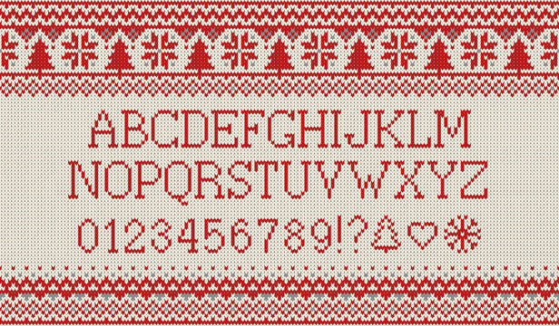 Christmas font. Knitted latin alphabet on seamless knitted pattern with snowflakes and fir. Nordic fair isle knitting, winter holiday sweater design. Vector Illustration.