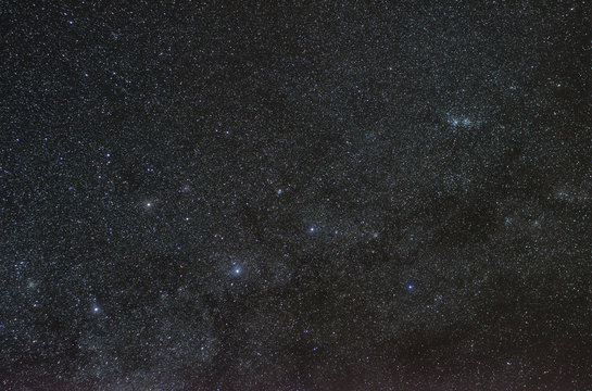 Star field with the constellation of Cassiopeia with visible open double cluster, H and Chi Persei