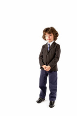 Funny small businessman standing and looking at the camera. White background.