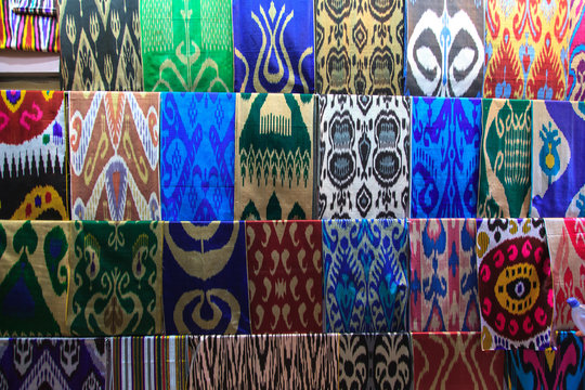 Colorful cloths. Market in Tashkent. Uzbekistan