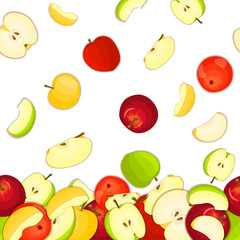 Vector illustration of falling apples. Yellow red and green vector pattern apple fruits whole and slice appetizing looking. Group of tasty fruits colorful design for packaging of juice breakfast, food