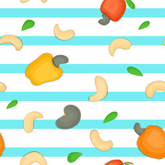 Seamless vector pattern of cashew nut. Blue Striped background with delicious cashew nuts, leaves. Illustration can be used for printing on fabric, textile in design packaging, packaging design