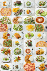 Collage of variety food and dishes served in restaurant
