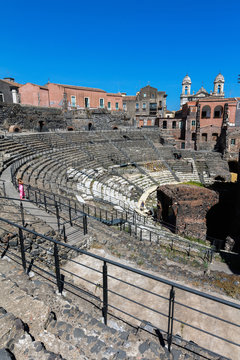 Ancient Roman theater in Catania, built from the limestone and black lava.