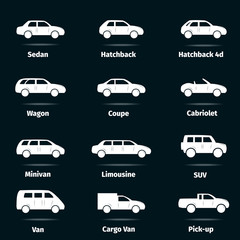 Car icons set. Twelve different car forms