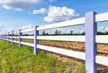 white concrete fence in green farm with blue sky background