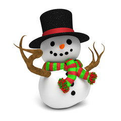 cheerful snowman:
cute happy snowman with glittery hat and a red and green striped scarf (3D illustration isolated on a white background)