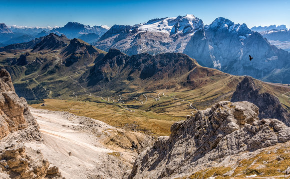 Dolomiti - view of Pordoi pass and Marmolada mount from Sass Pordoi, Trentino, Italy
