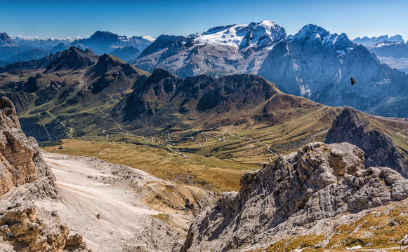 Dolomiti - view of Pordoi pass and Marmolada mount from Sass Pordoi, Trentino, Italy
